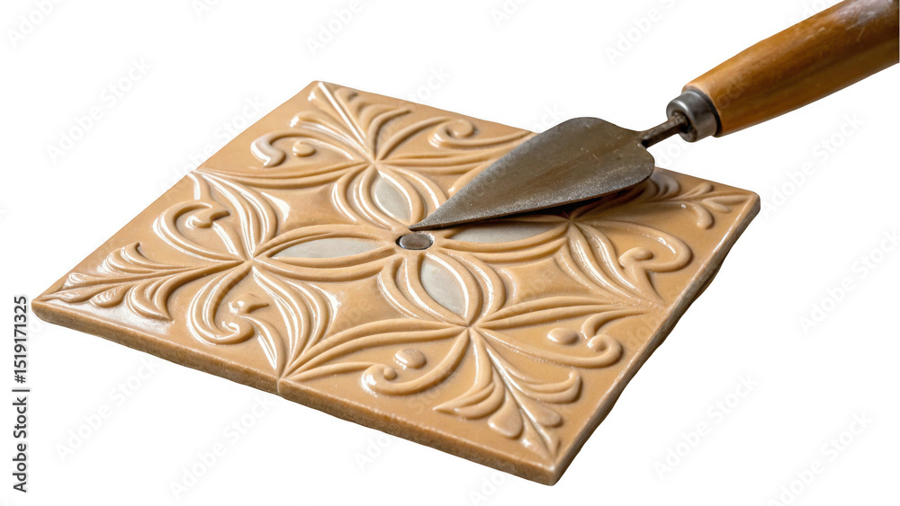 Poster trowel is lifting a beige ceramic tile with an embossed floral pattern, showcasing the tile's detail
