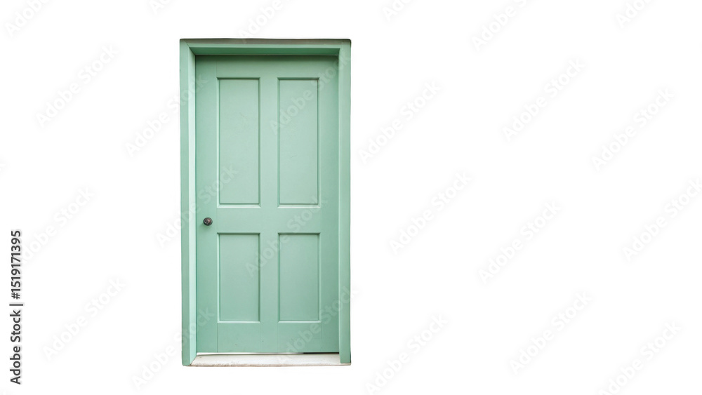 Poster closed light green front door featuring a sleek frame and doorknob set against a transparent backgro