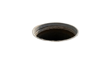 Open manhole cover creating a dangerous hole in the ground, isolated on a transparent background, posing a safety hazard and requiring immediate attention to prevent accidents