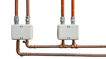 Copper pipes and electrical junction boxes are connected and creating a complex network against a transparent background, perfect for industrial designs and concepts