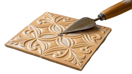 Trowel is lifting a beige ceramic tile with an embossed floral pattern, showcasing the tile's detailed design and craftsmanship against a transparent background