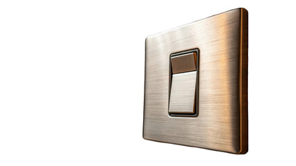 Brushed metal light switch set against a transparent background, highlighting themes of electricity control, home automation, and modern interior design aesthetics