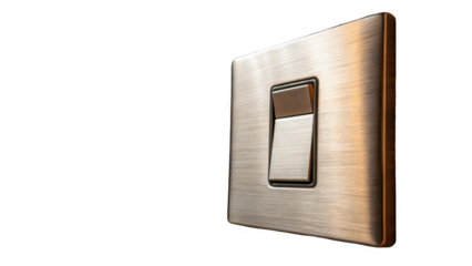 Brushed metal light switch set against a transparent background, highlighting themes of electricity control, home automation, and modern interior design aesthetics