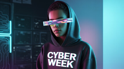 Cyber week ,shopping, Futuristic woman in hoodie, cyberpunk style, with holographic glasses in server room