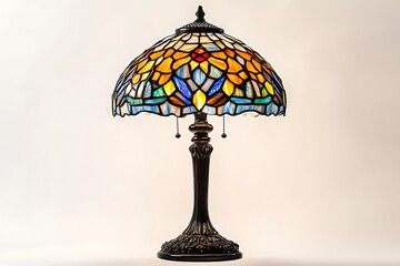 A stained glass lamp with an ornate base and a colorful shade against a plain background lighting decor