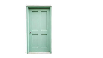 Closed light green front door featuring a sleek frame and doorknob set against a transparent background, representing themes of home, security, and privacy in architectural design
