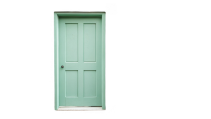 Closed light green front door featuring a sleek frame and doorknob set against a transparent background, representing themes of home, security, and privacy in architectural design