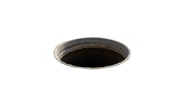 Open manhole cover creating a dangerous hole in the ground, isolated on a transparent background, posing a safety hazard and requiring immediate attention to prevent accidents
