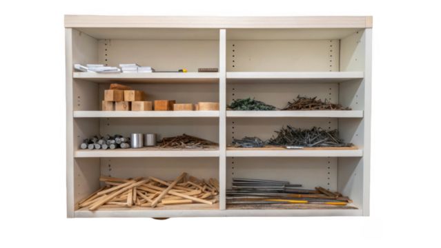 White wooden storage shelf holding various construction materials such as wooden blocks, nails, metal rods, and other supplies, isolated on transparent background - Powered by Adobe