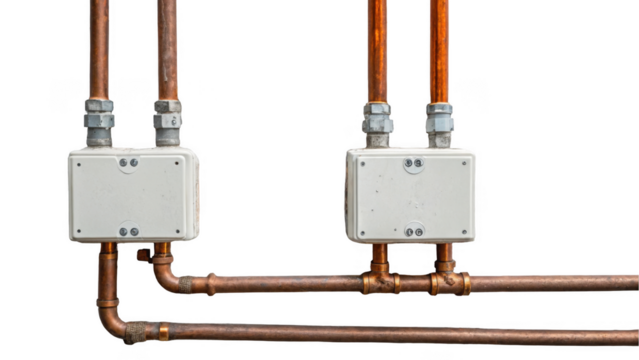 Copper pipes and electrical junction boxes are connected and creating a complex network against a transparent background, perfect for industrial designs and concepts