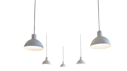 Five modern white hanging lamps illuminating a transparent background, perfect for interior design projects or architectural visualizations