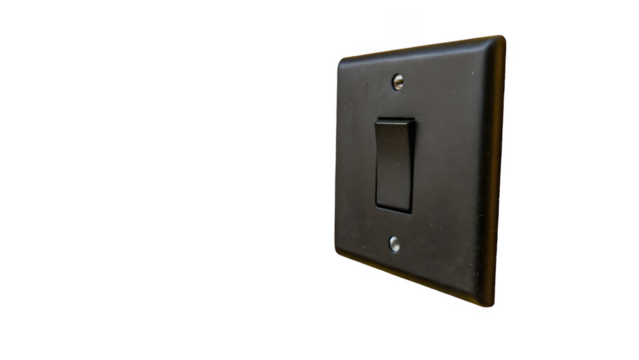 Black light switch on a transparent background, representing power control, electrical circuits, and onoff states in home or office settings