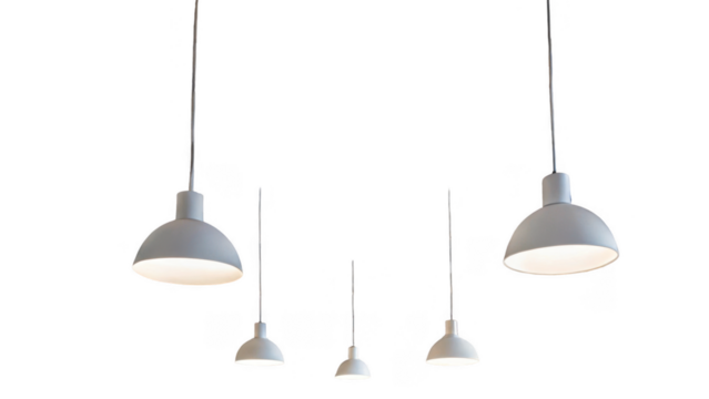 Five modern white hanging lamps illuminating a transparent background, perfect for interior design projects or architectural visualizations - Powered by Adobe