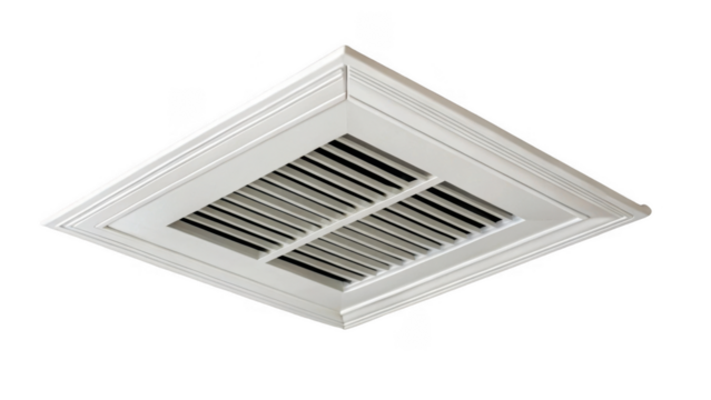White ceiling air vent diffuser isolated on transparent background, providing efficient airflow and temperature control in residential or commercial spaces