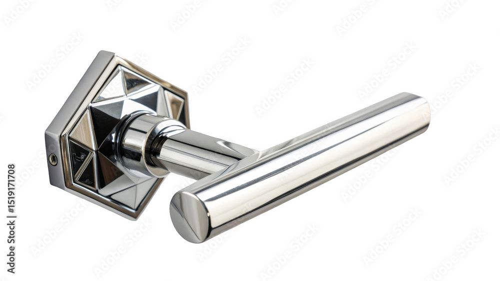 Poster Chrome door handle with a geometric design on the mounting plate is shown against a transparent background, ready for easy integration into design projects