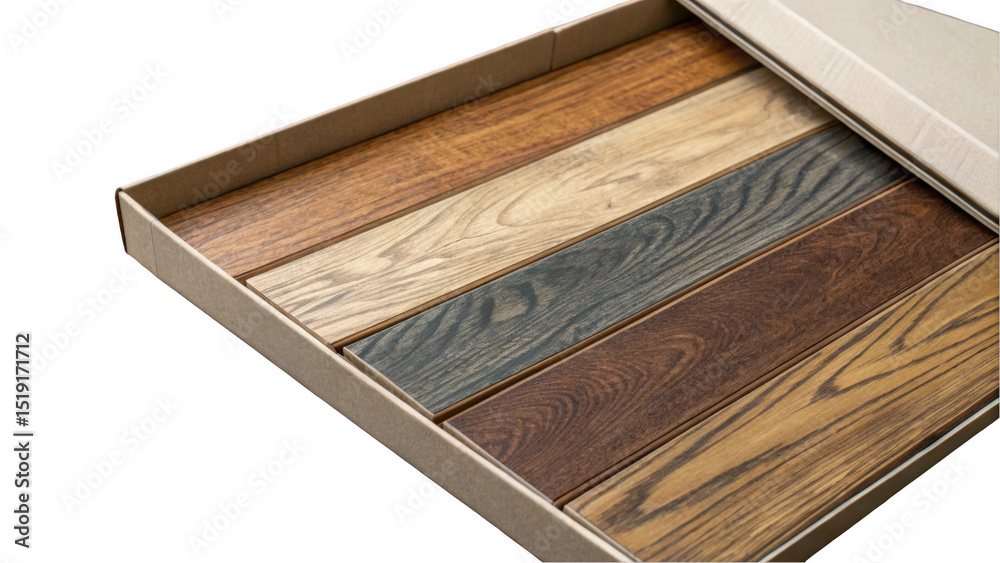 Poster Displaying various wooden plank samples in an assortment of colors and textures, neatly arranged in rows within an open cardboard box against a transparent background