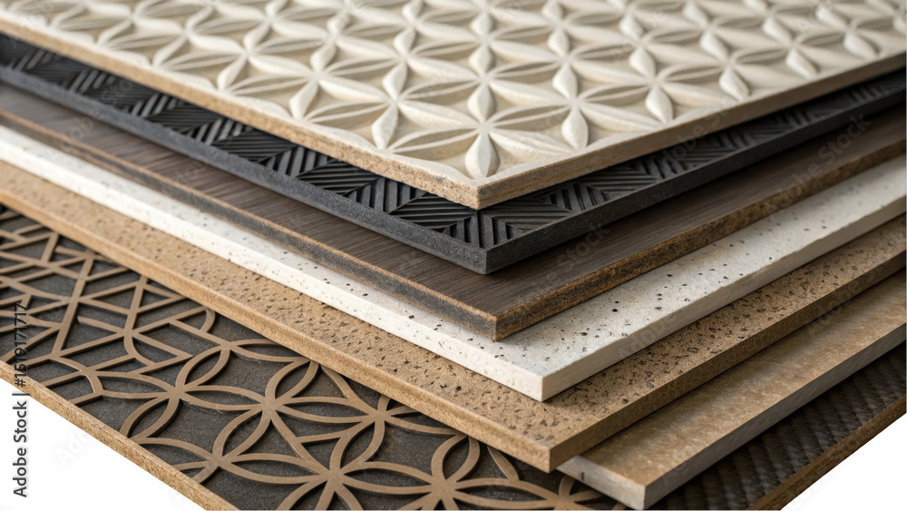 Poster Decorative tiles with various surface textures and patterns are stacked, showcasing a range of colors and designs with transparent background, perfect for interior design and renovation projects