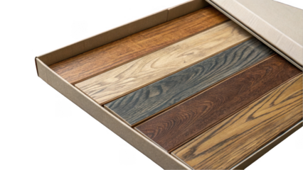Displaying various wooden plank samples in an assortment of colors and textures, neatly arranged in rows within an open cardboard box against a transparent background