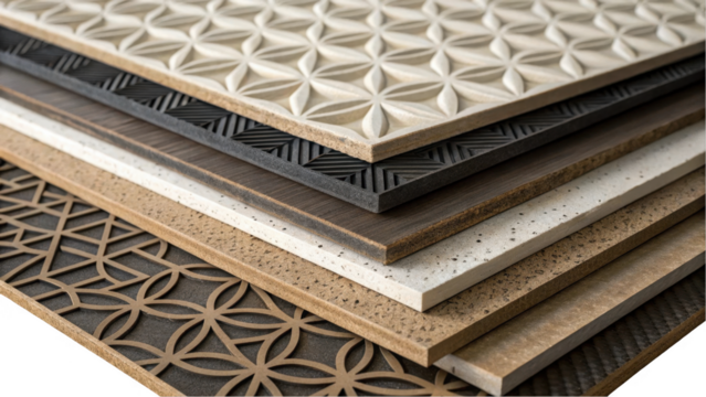 Decorative tiles with various surface textures and patterns are stacked, showcasing a range of colors and designs with transparent background, perfect for interior design and renovation projects - Powered by Adobe
