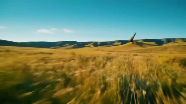 Open, golden landscape with rolling hills under a clear blue sky.  Motion blur suggests travel
