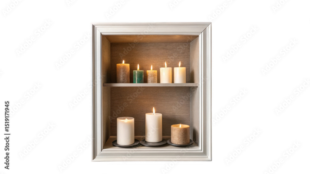 Leinwandbilder lit candles in various sizes and colors creating a warm ambiance on wooden shelves within a white fr