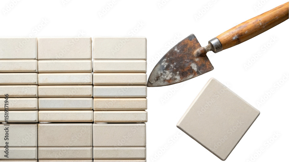 Poster Ceramic tiles are being laid by a construction worker using a trowel, on a transparent background, offering a practical and customizable visual for various projects