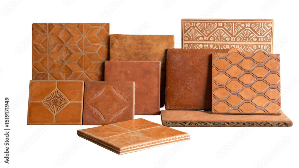 Poster displaying a variety of terracotta tiles with embossed patterns and textures, offering diverse desig
