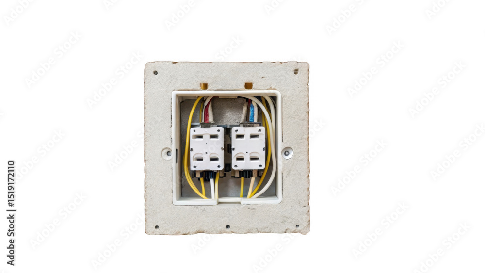 Aufkleber Close up view of an electrical circuit breaker installation with visible wiring on a transparent background, showcasing the inner workings and connections of a power system
