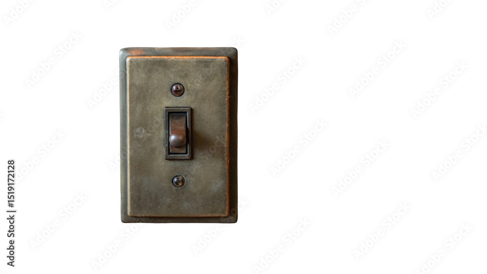 Poster Close up of an old, worn toggle light switch in the off position, set against a transparent background, ready for easy integration into various design projects