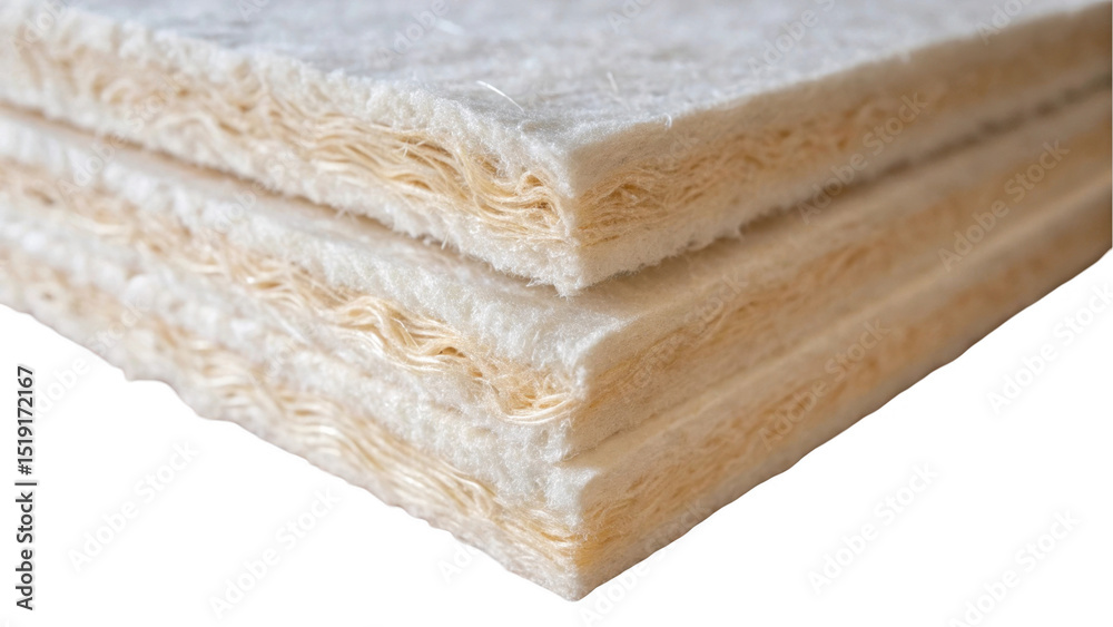 Poster stacked natural fiber insulation panels featuring thermal and acoustic properties, perfect for susta