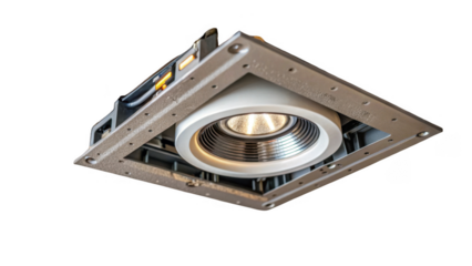 Close up of a contemporary led ceiling light fixture emitting a warm glow, set against a transparent background, ideal for architectural visualizations or design projects