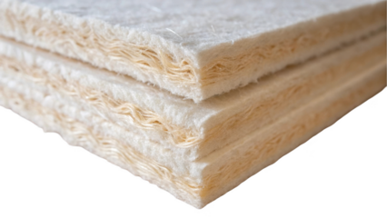 Stacked natural fiber insulation panels featuring thermal and acoustic properties, perfect for sustainable building practices, displayed on a transparent background for seamless design integration