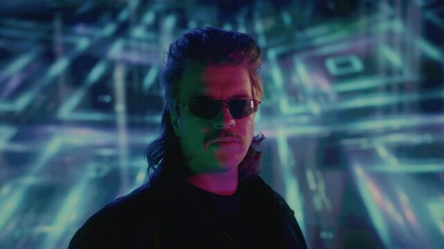 Portrait: Handsome male in retro style, vaporwave actor vintage TV series. Face of a cool man from the 1990 1980 wearing sunglasses, retrowave hair style and mustache. Nostalgia