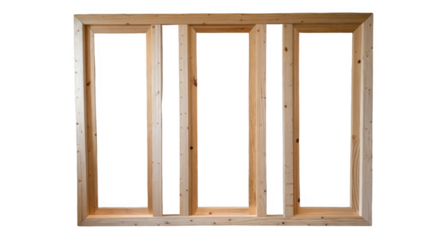 Wooden frame structure with transparent background, ideal for visualizing window or door designs in architectural projects, showcasing joinery techniques, or illustrating construction concepts