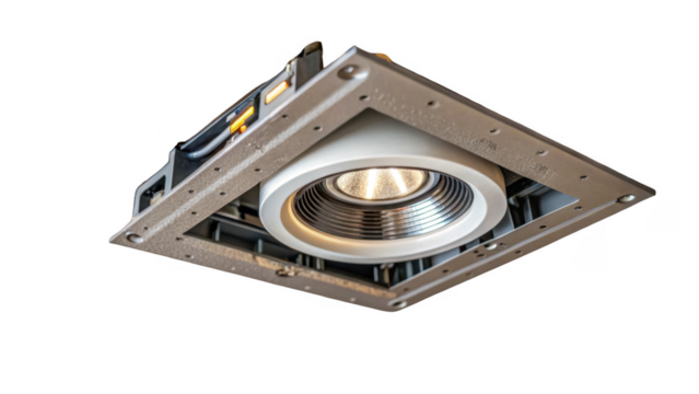 Close up of a contemporary led ceiling light fixture emitting a warm glow, set against a transparent background, ideal for architectural visualizations or design projects