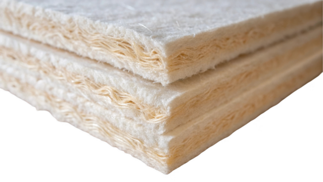 Stacked natural fiber insulation panels featuring thermal and acoustic properties, perfect for sustainable building practices, displayed on a transparent background for seamless design integration