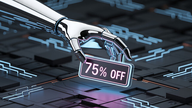 Cyber week ,shopping, Robotic hand offering 75% discount on circuit board