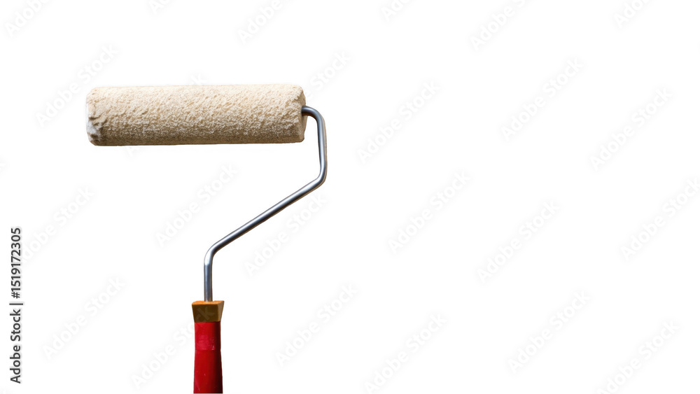 Poster clean paint roller featuring a vibrant red handle and a beige cylinder, isolated on a transparent ba