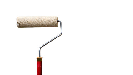 Clean paint roller featuring a vibrant red handle and a beige cylinder, isolated on a transparent background, ideal for painting projects and home renovation tasks