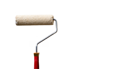Clean paint roller featuring a vibrant red handle and a beige cylinder, isolated on a transparent background, ideal for painting projects and home renovation tasks