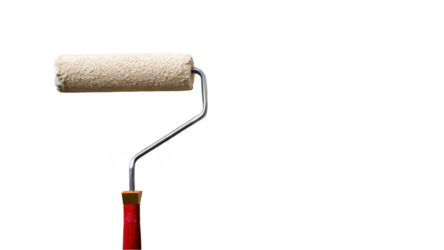 Clean paint roller featuring a vibrant red handle and a beige cylinder, isolated on a transparent background, ideal for painting projects and home renovation tasks