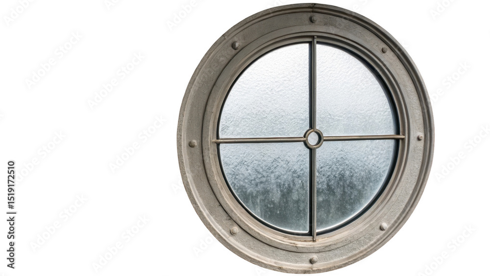 Poster round window with frosted glass and metal frame featuring rivets, creating a vintage or industrial l