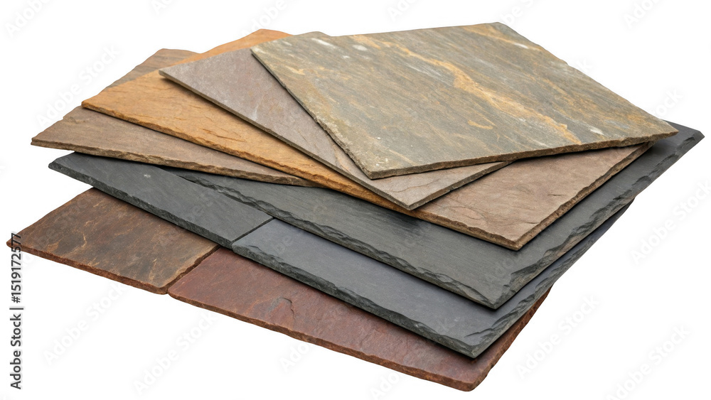 Aufkleber Stone tiles in various colors and textures are stacked, creating an overlapping arrangement against a transparent background, suitable for design and architectural projects