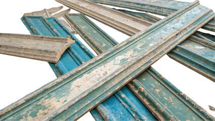 Discarded painted skirting boards are laying on top of each other with a transparent background, perfect for easy integration into any design project