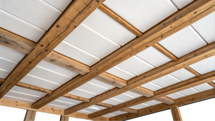 Wooden beams supporting sleek white ceiling panels against a transparent background, showcasing a modern and stylish architectural design that enhances interior spaces with elegance