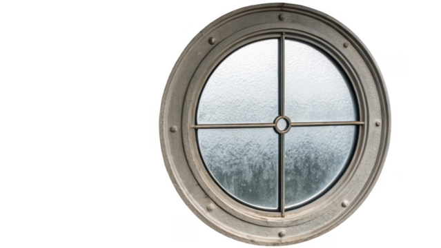 Round window with frosted glass and metal frame featuring rivets, creating a vintage or industrial look, isolated on a transparent background, perfect for architectural or design projects