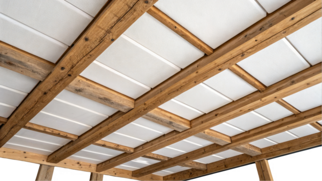 Wooden beams supporting sleek white ceiling panels against a transparent background, showcasing a modern and stylish architectural design that enhances interior spaces with elegance