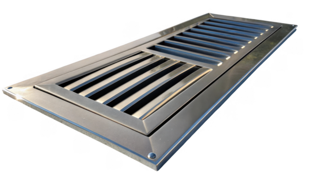 Stainless steel air vent providing ventilation with parallel openings on a transparent background, ideal for hvac systems and industrial settings