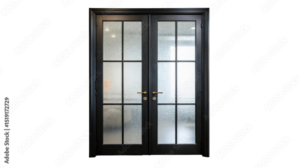 Poster elegant black double door with frosted glass panels, allowing light to filter through while ensuring