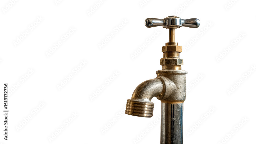 Poster Close up of an old, tarnished brass tap with a chrome handle, isolated on a transparent background, ready for compositing into various design projects